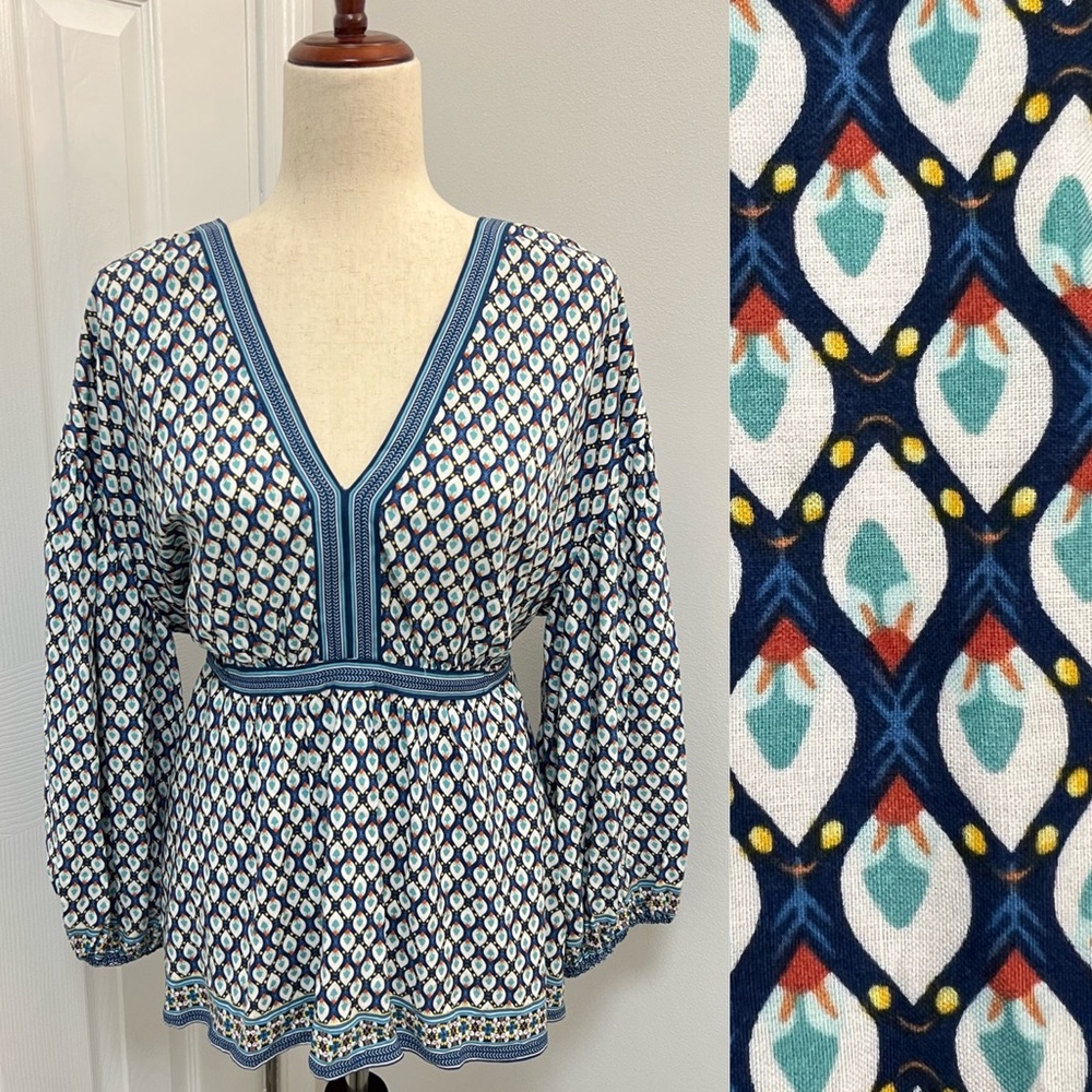 Max Studio Bohemian Mixed Print Balloon Sleeves V-Neck Tie Back Blouse